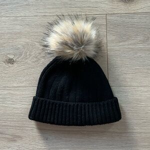 J. Crew Black Knit Beanie with Faux Fur Pom-Pom